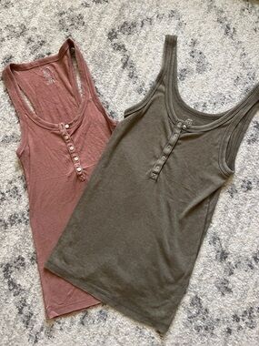 aerie Olive Green & Dusty Rose Ribbed Henley Tank Tops (Set of 2)